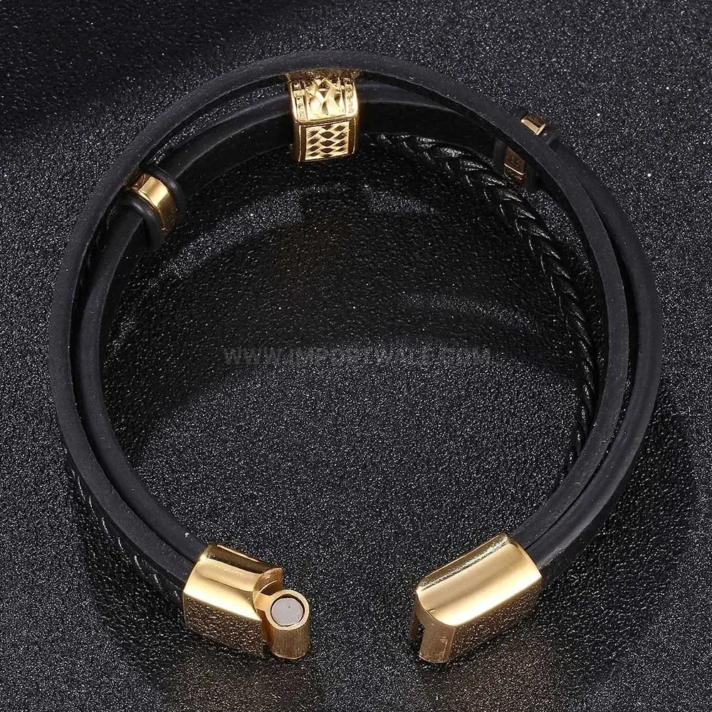 Multi-Strand Braided Leather Bracelet with Stainless Steel Accent