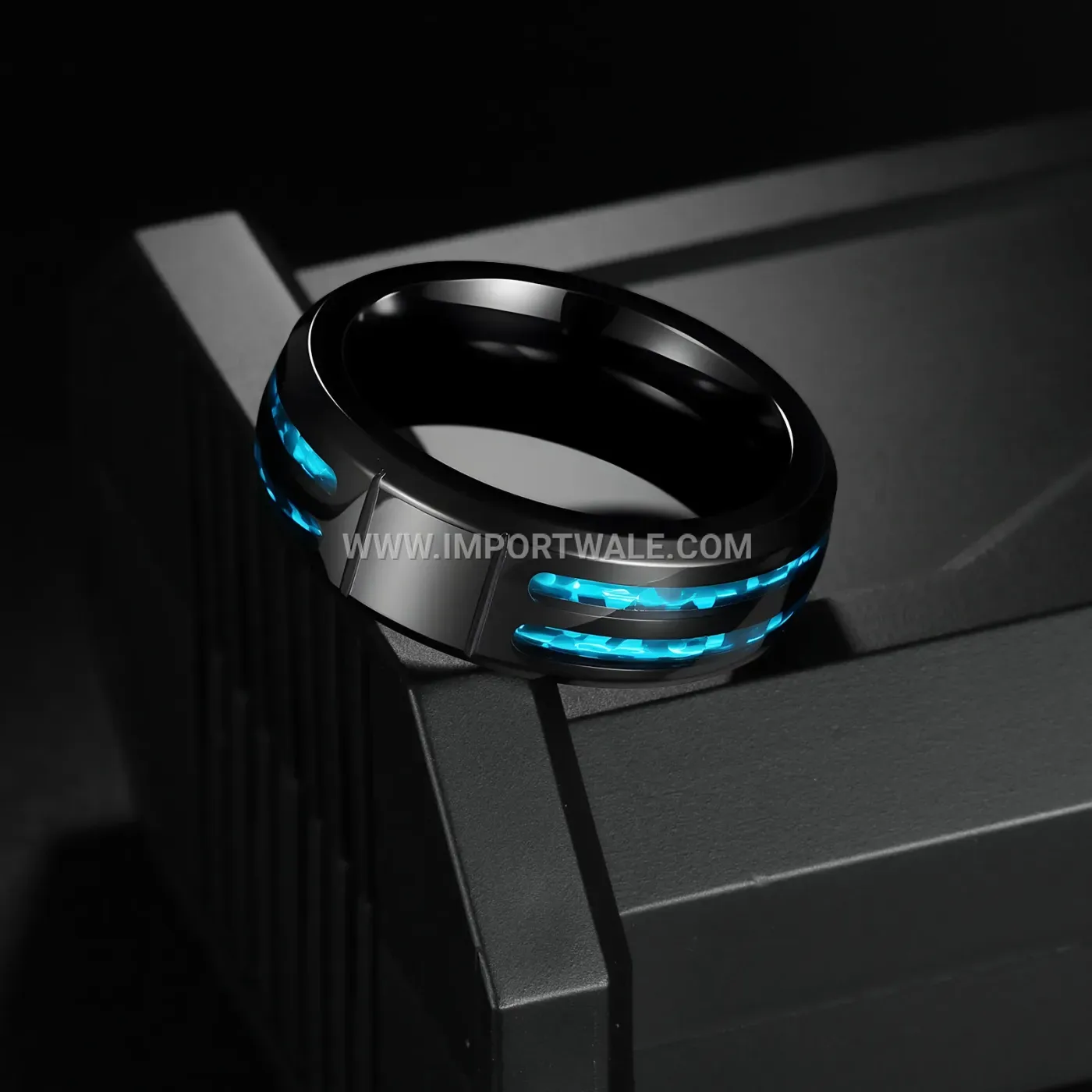 Black Stainless Steel Men's Ring with Faux Opal Inlay