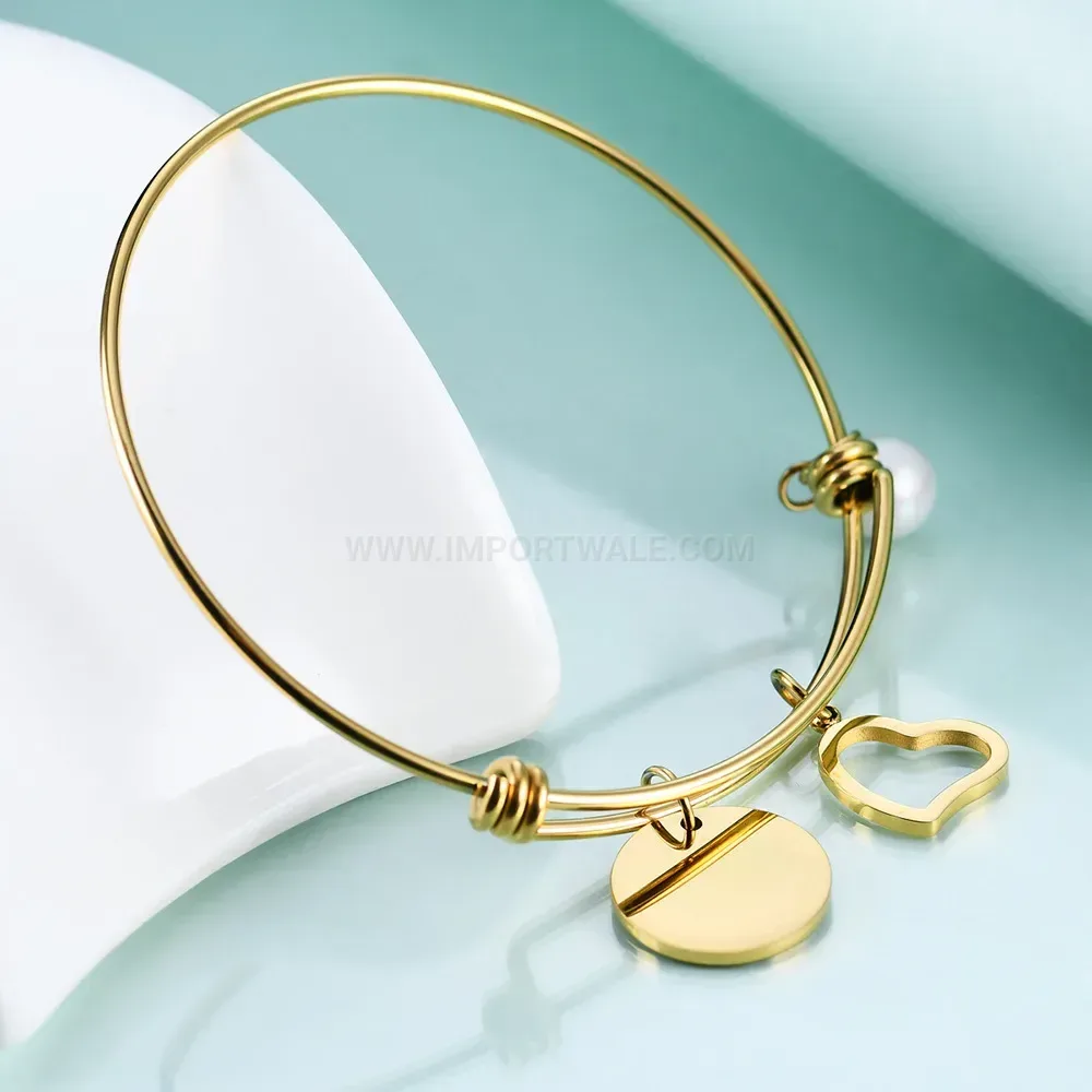 Trendy Gold Stainless Steel Bangle with Pearl and Heart Pendant