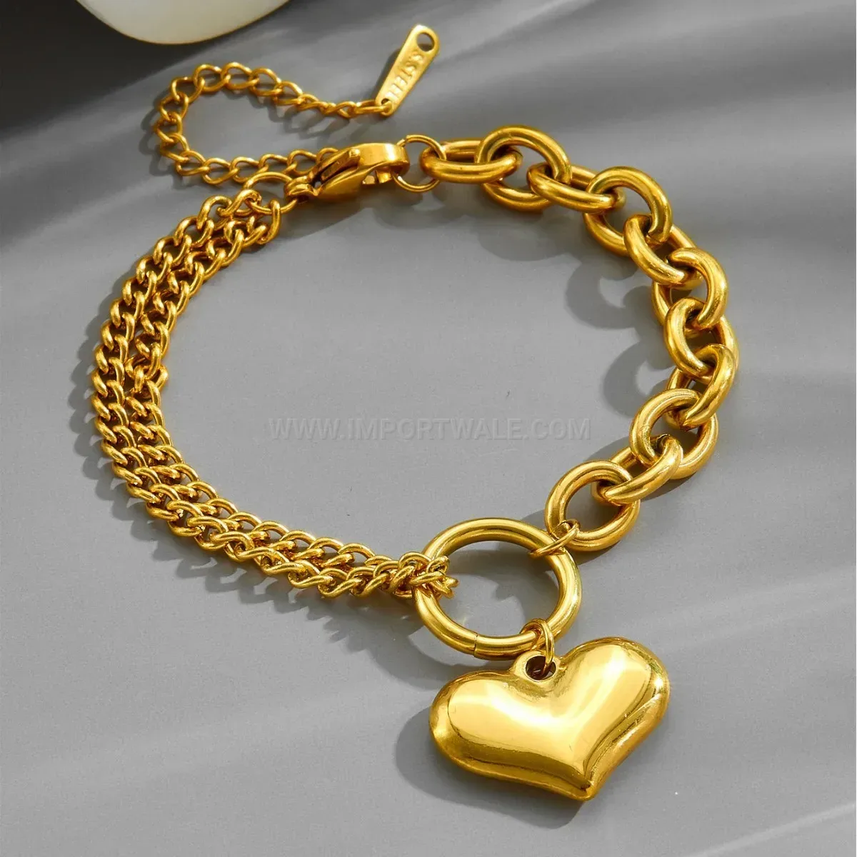 Classic Gold Plated Stainless Steel Heart Charm Chain Bracelet