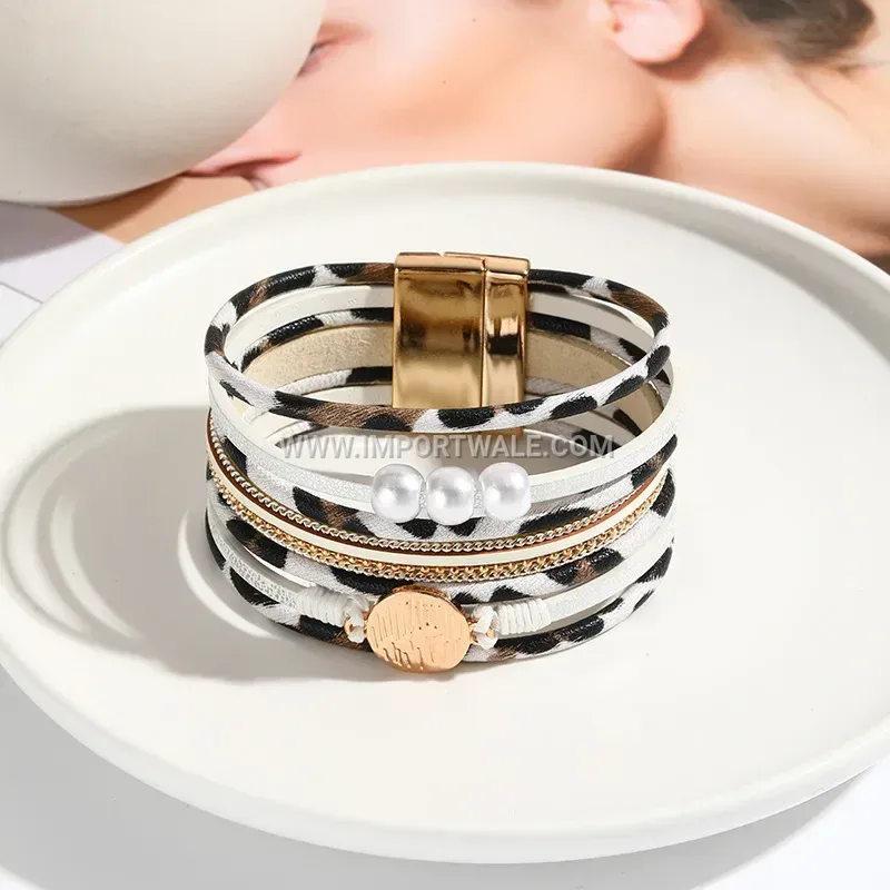 Leopard Print Faux Pearl Multi Layer Magnetic Bracelet