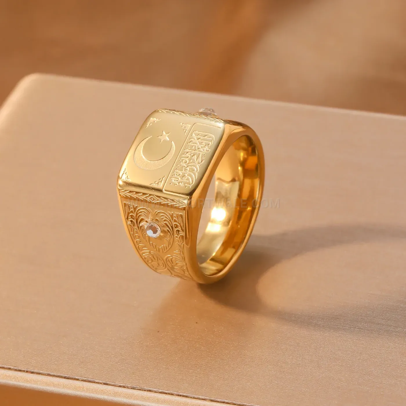 Modern Engraved Arabic Calligraphy Stainless Steel Islamic Crescent Men's Ring