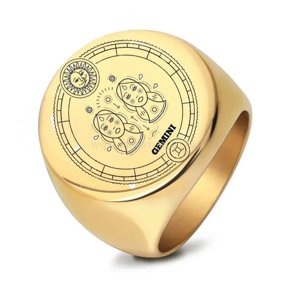 Classic Vintage Round Zodiac Stainless Steel Signet Ring