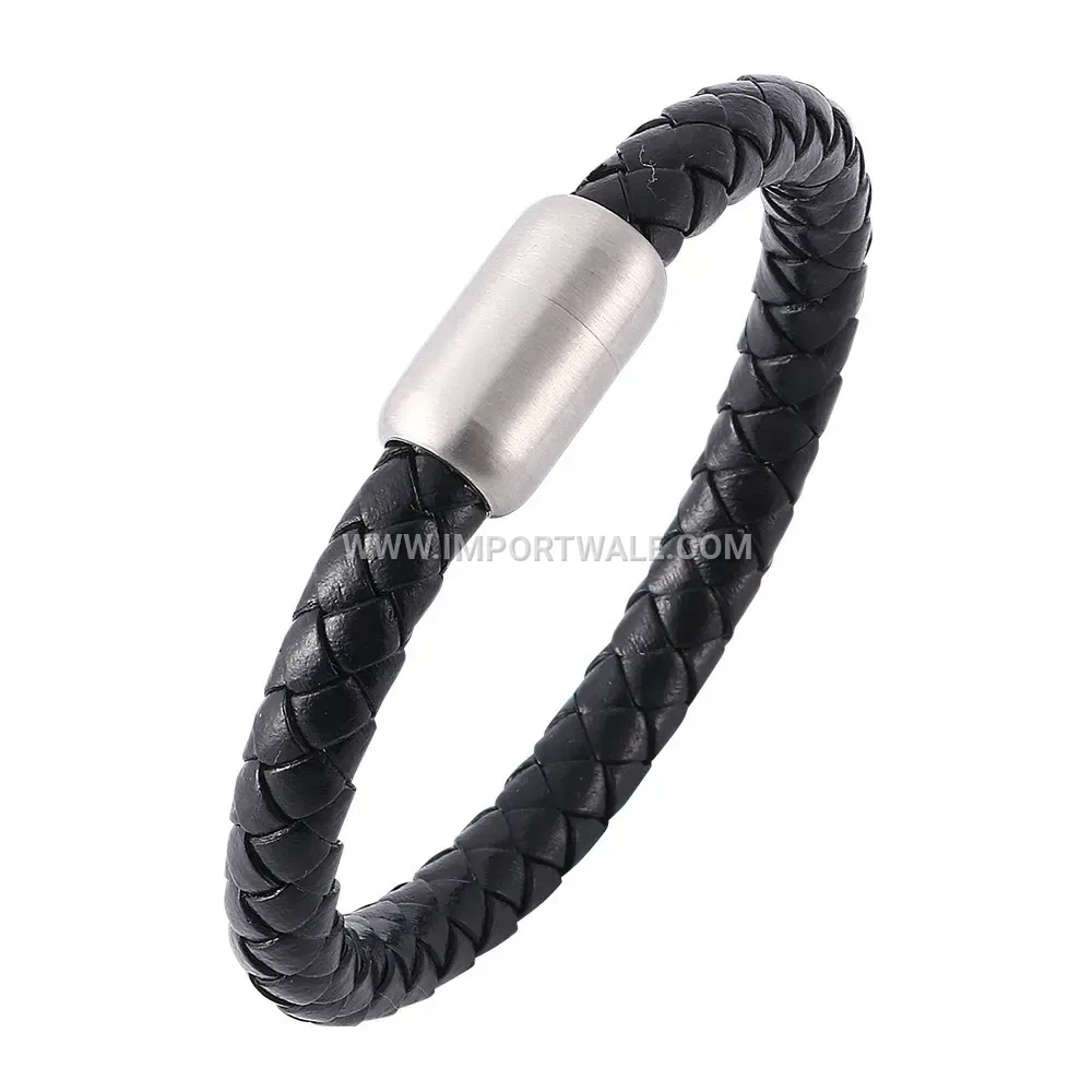 Retro Braided Leather Stainless Steel Magnetic Clasp Cuff Bracelet