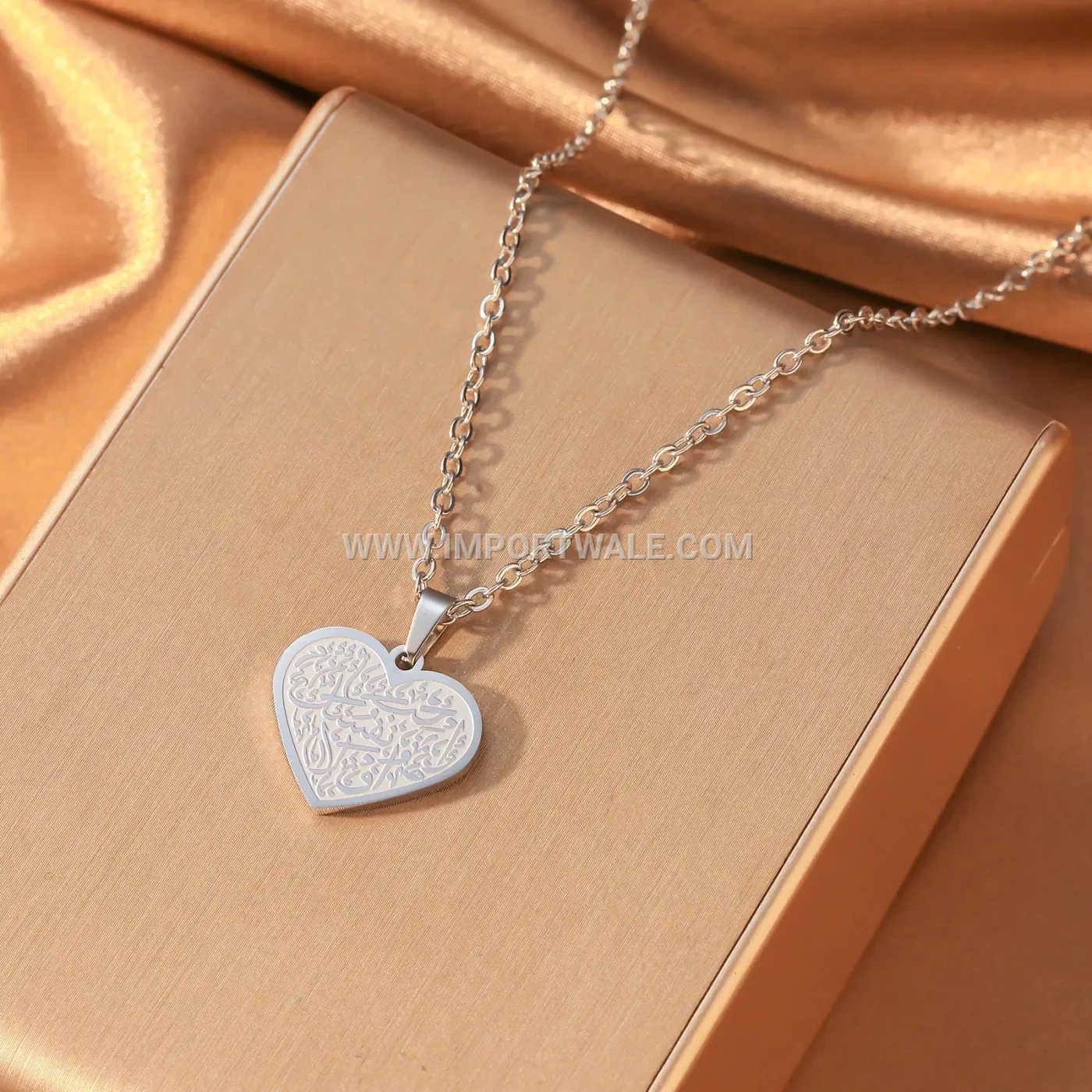 Stainless Steel Two Tone Heart Pendant Ayatul Kursi Calligraphy Necklace