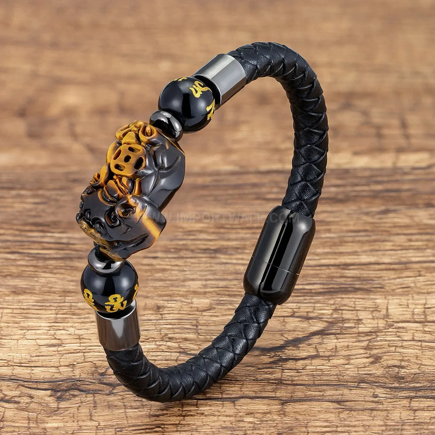Pixiu Stone Leather Braided Magnetic Stainless Clasp Bracelet