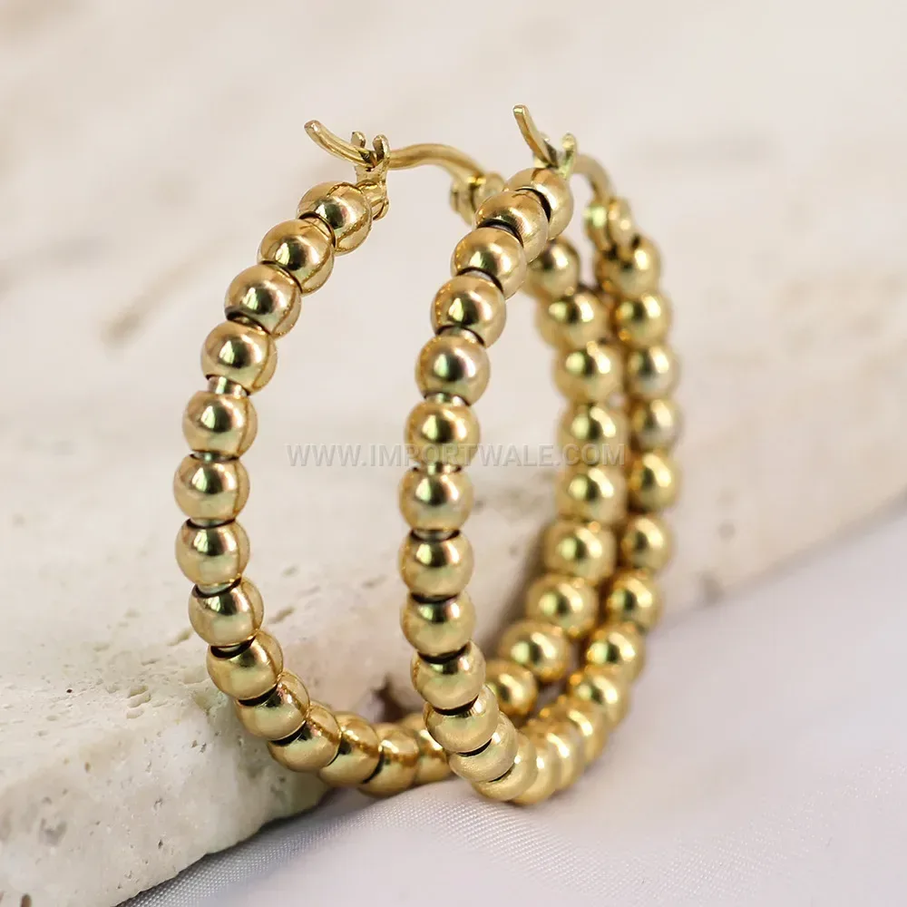 Minimalist 14K Gold Plated Stainless Steel C-Shape Round Bead Hoop Earrings