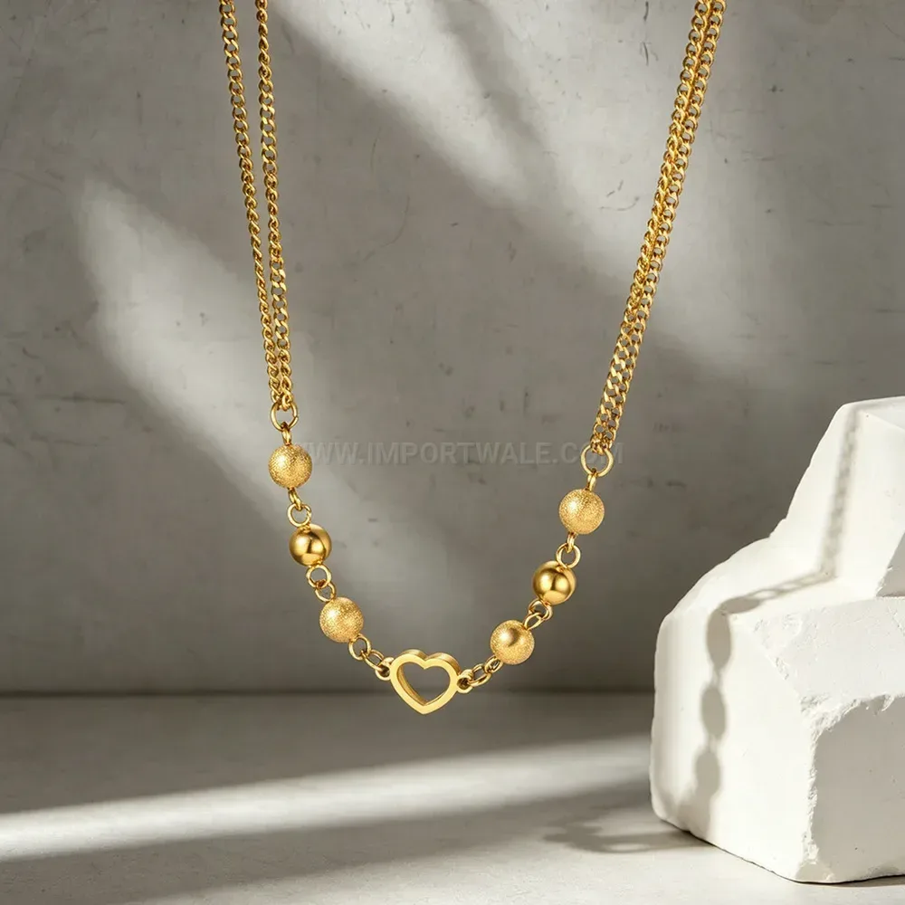 Bold Beaded Heart Pendant Gold Plated Stainless Steel Necklace