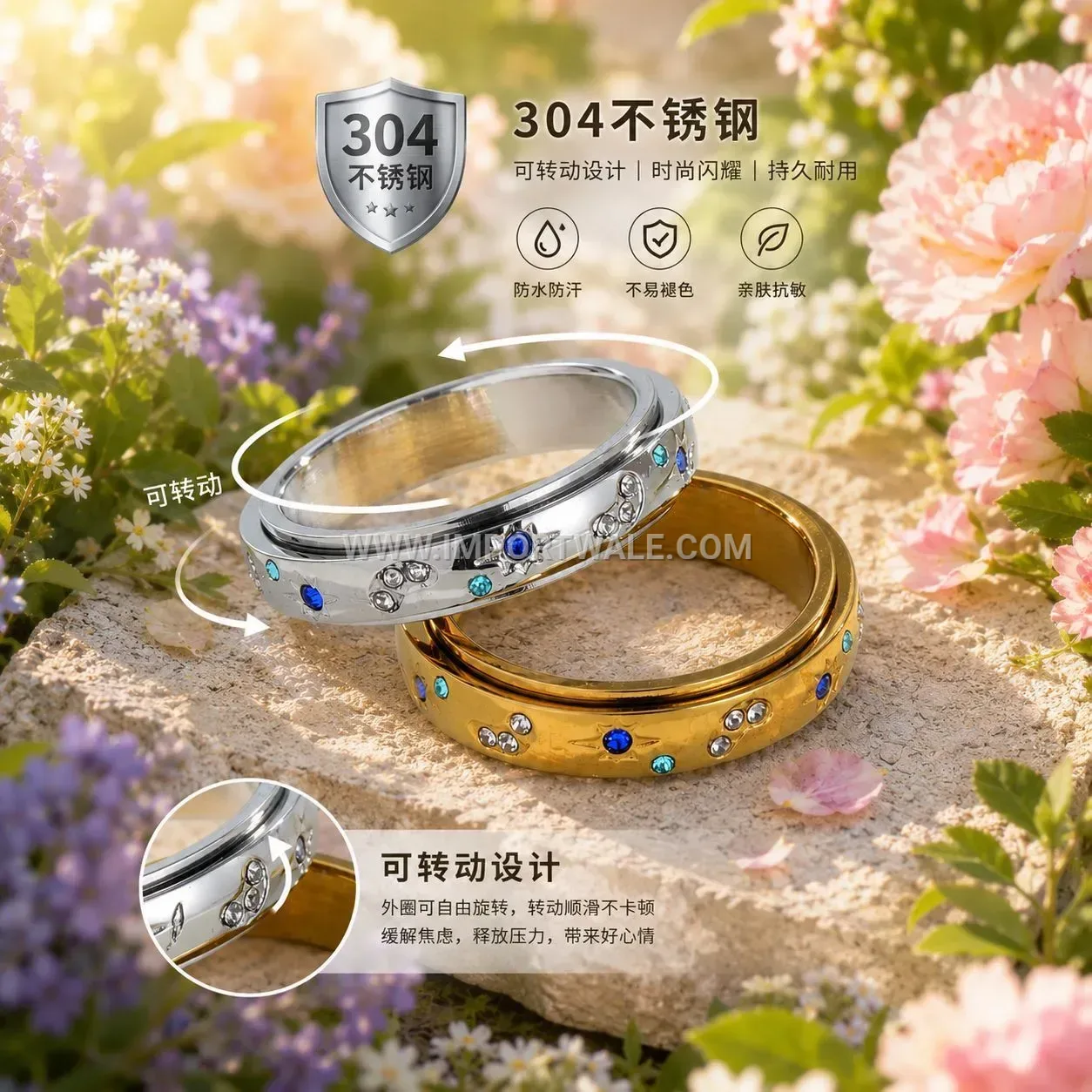 Multicolor Zircon Inlaid Stainless Steel Spinner Ring