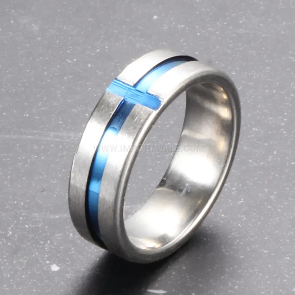 Stylish Blue Drip Epoxy Cross Accent Stainless Steel Band Ring