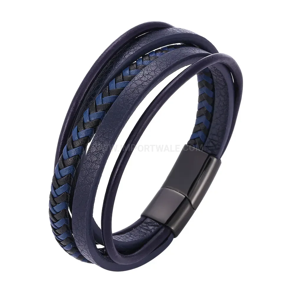 Multi-Strand Woven Leather Wristband with Stainless Steel Clasp