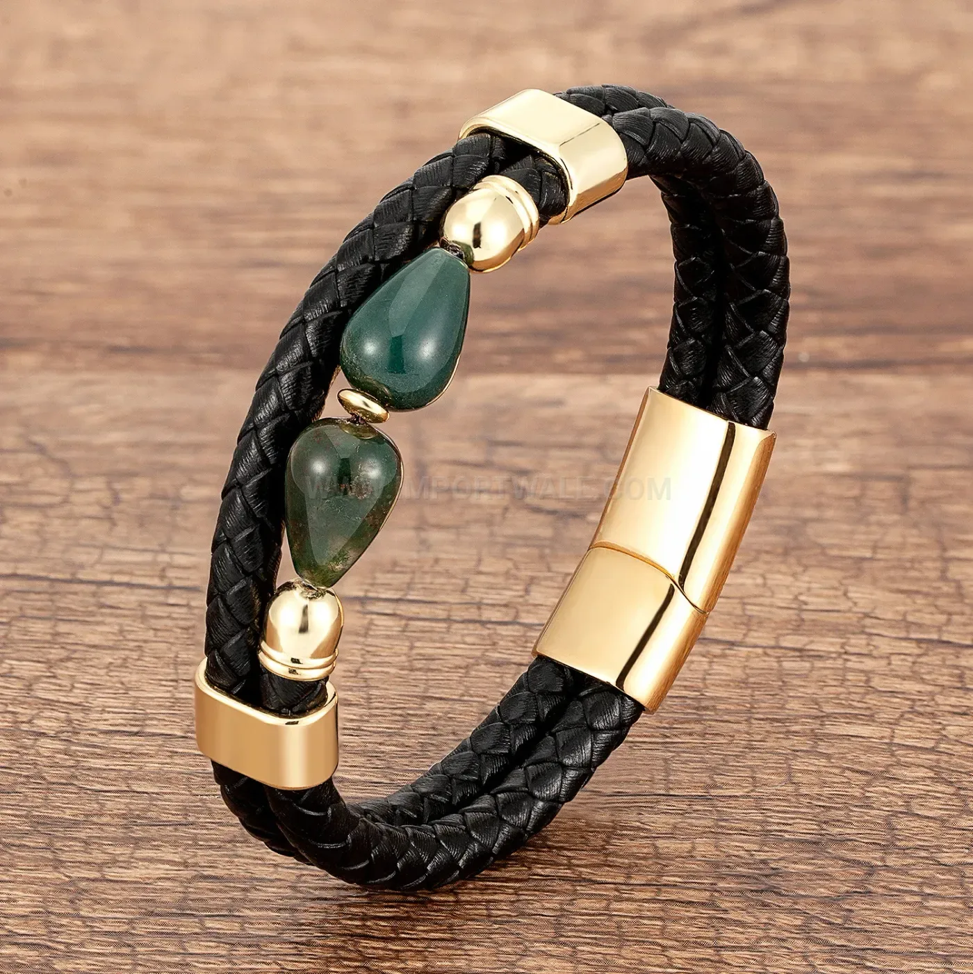 Double Band Braided Leather Wristband with Metallic Clasp