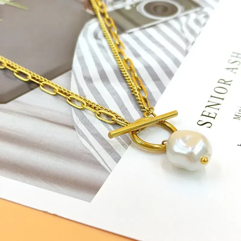 Fashion Layered Titanium Steel Pearl Pendant Necklace with T-Bar Clasp