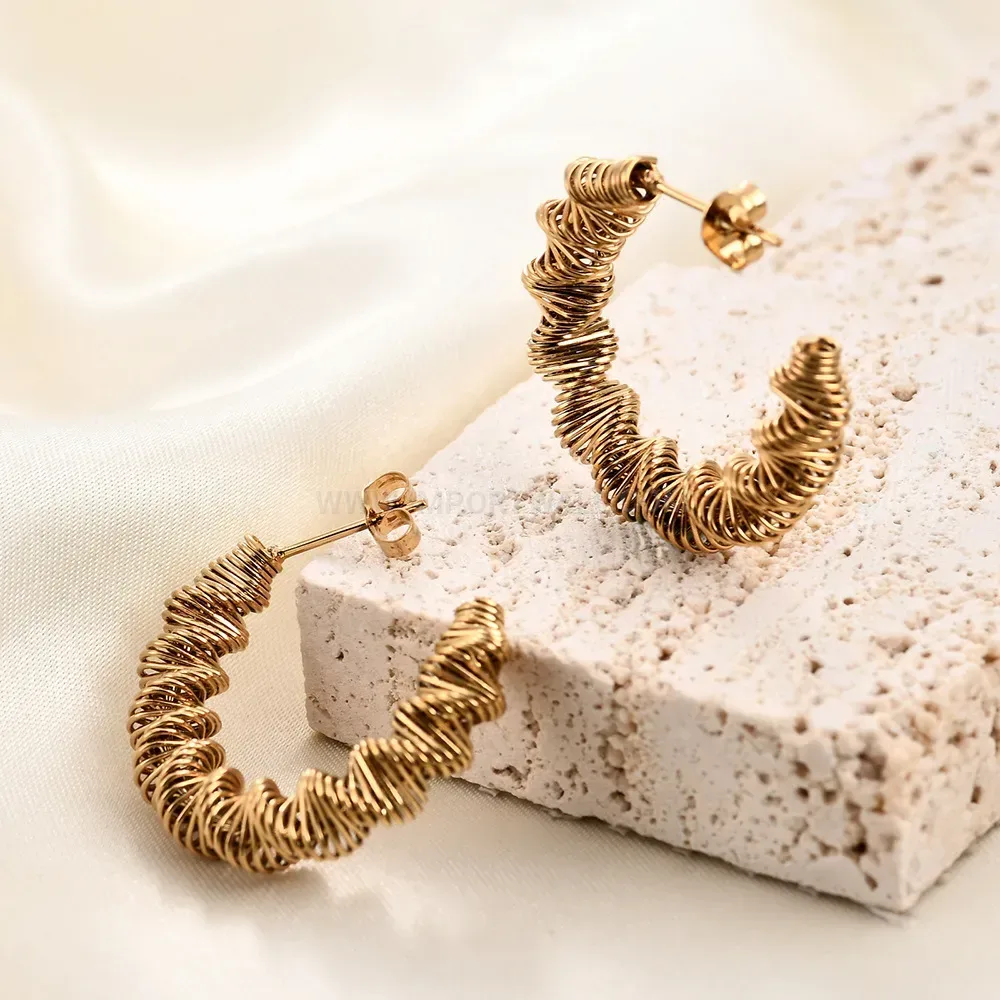 Elegant Twisted Geometric Cutout Stainless Steel Hoop Earrings