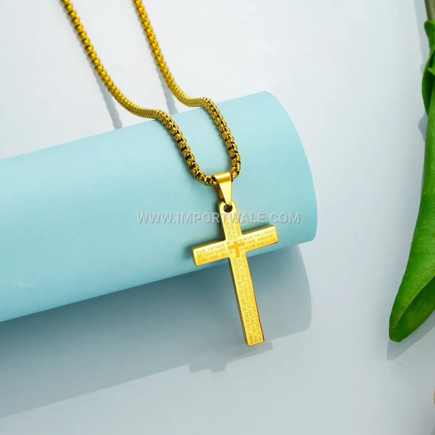 Tri-Color Engraved Cross Stainless Steel Pendant Necklace
