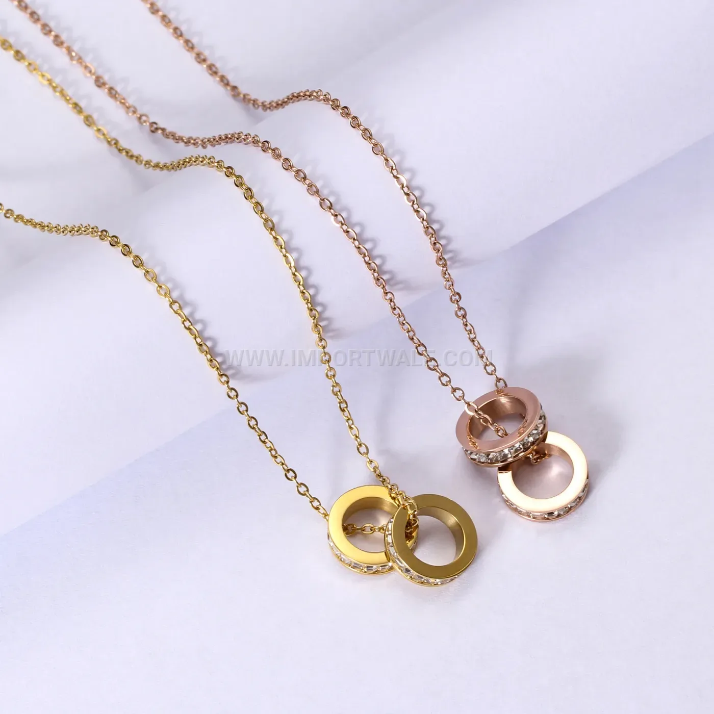 Double Ring Crystal Stainless Steel Pendant Necklace