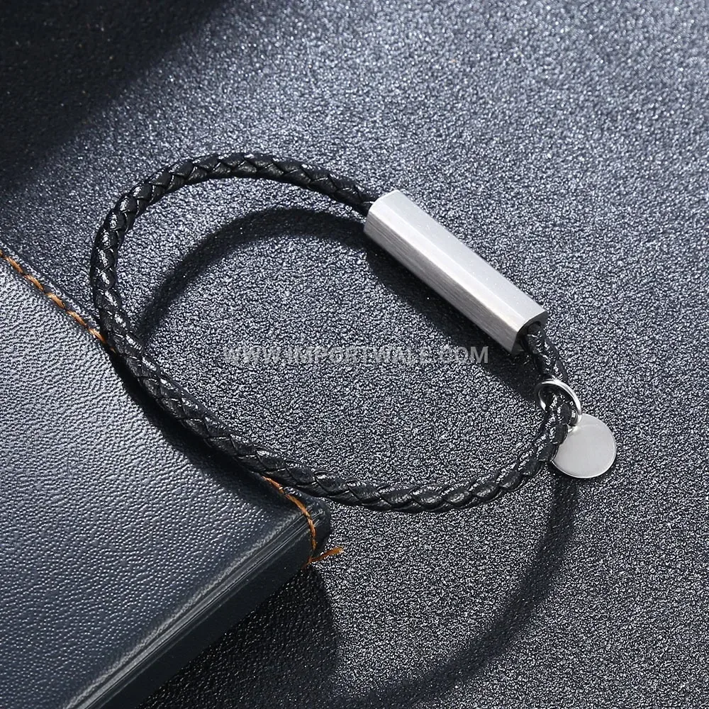 Woven Leather Cord Bracelet with Brushed Stainless Steel Accents
