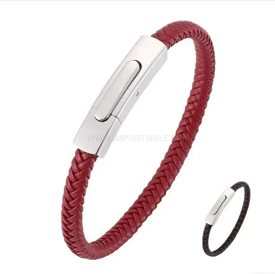 Woven Leather Bracelet with Stainless Steel Push Clasp