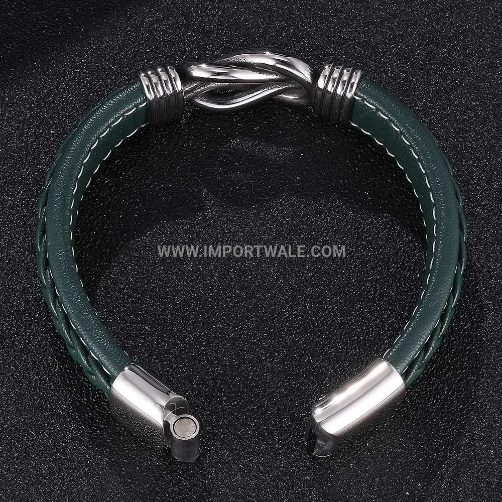 Retro Stainless Steel Interlocking Ring Leather Strap Bracelet