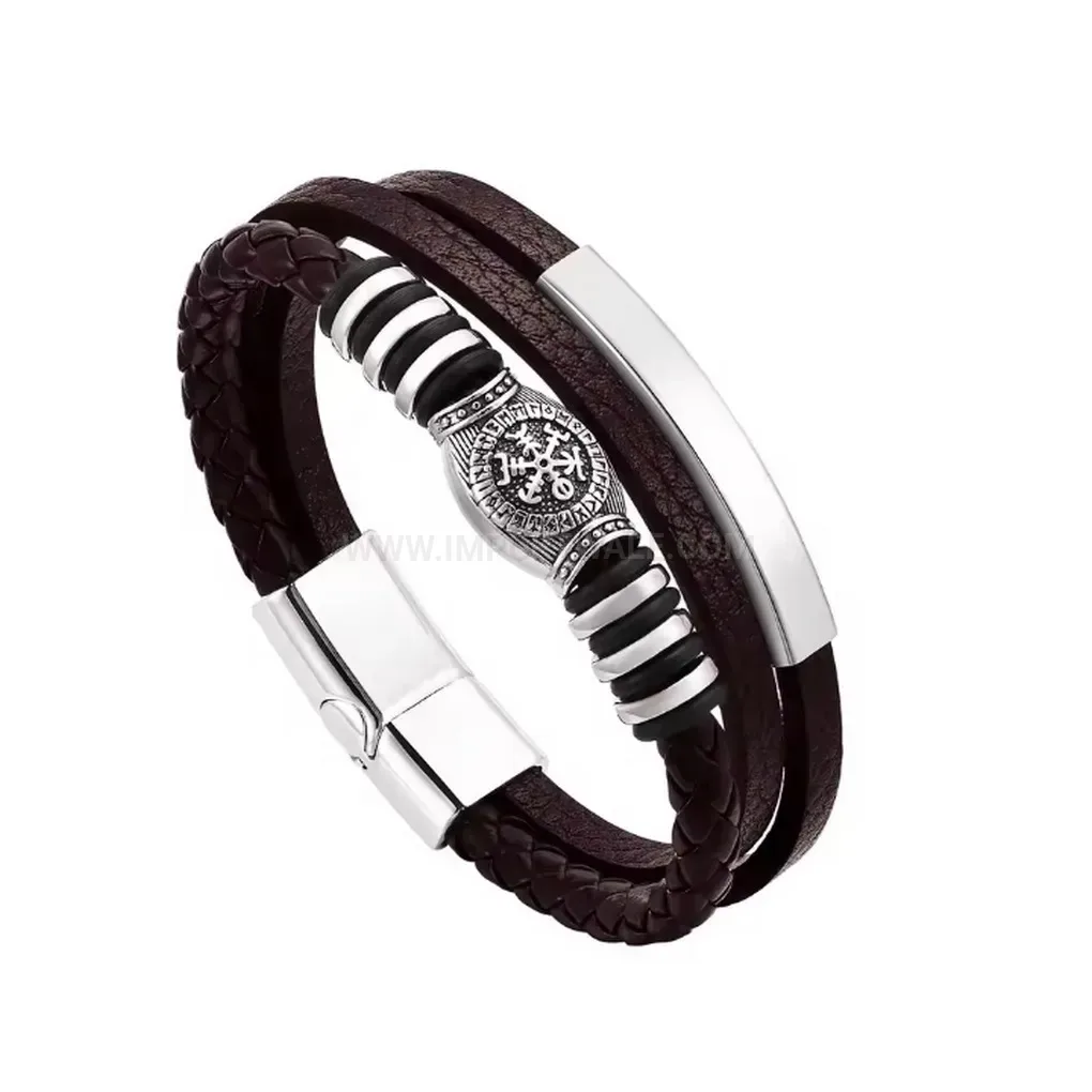 Trendy Triple Layer Patterned PU Leather Wristband With Magnetic Alloy Closure