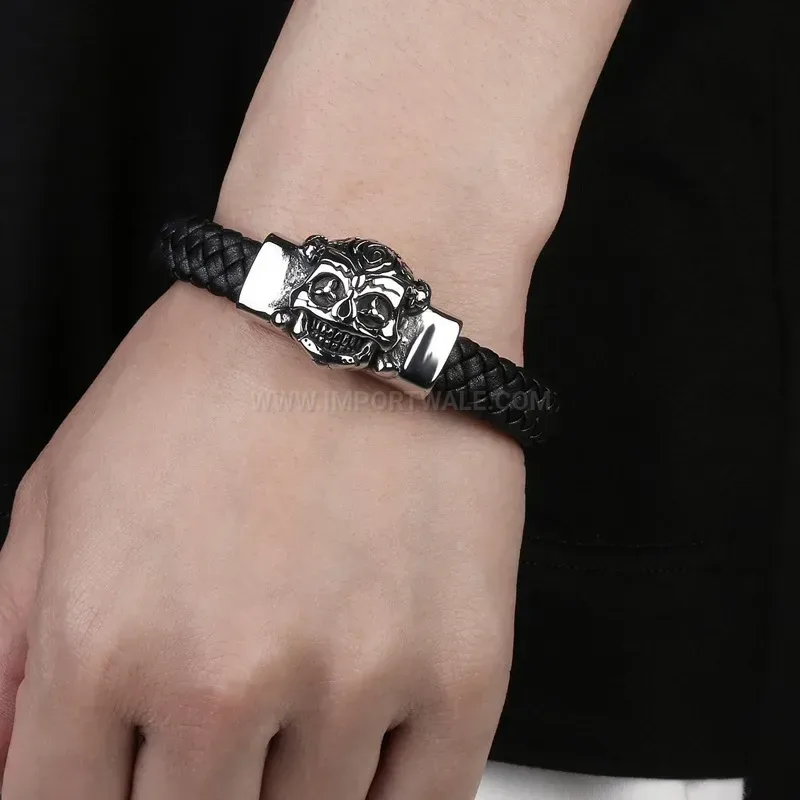 Elegant Demon Motif Stainless Steel Accent Wide Leather Band Bracelet