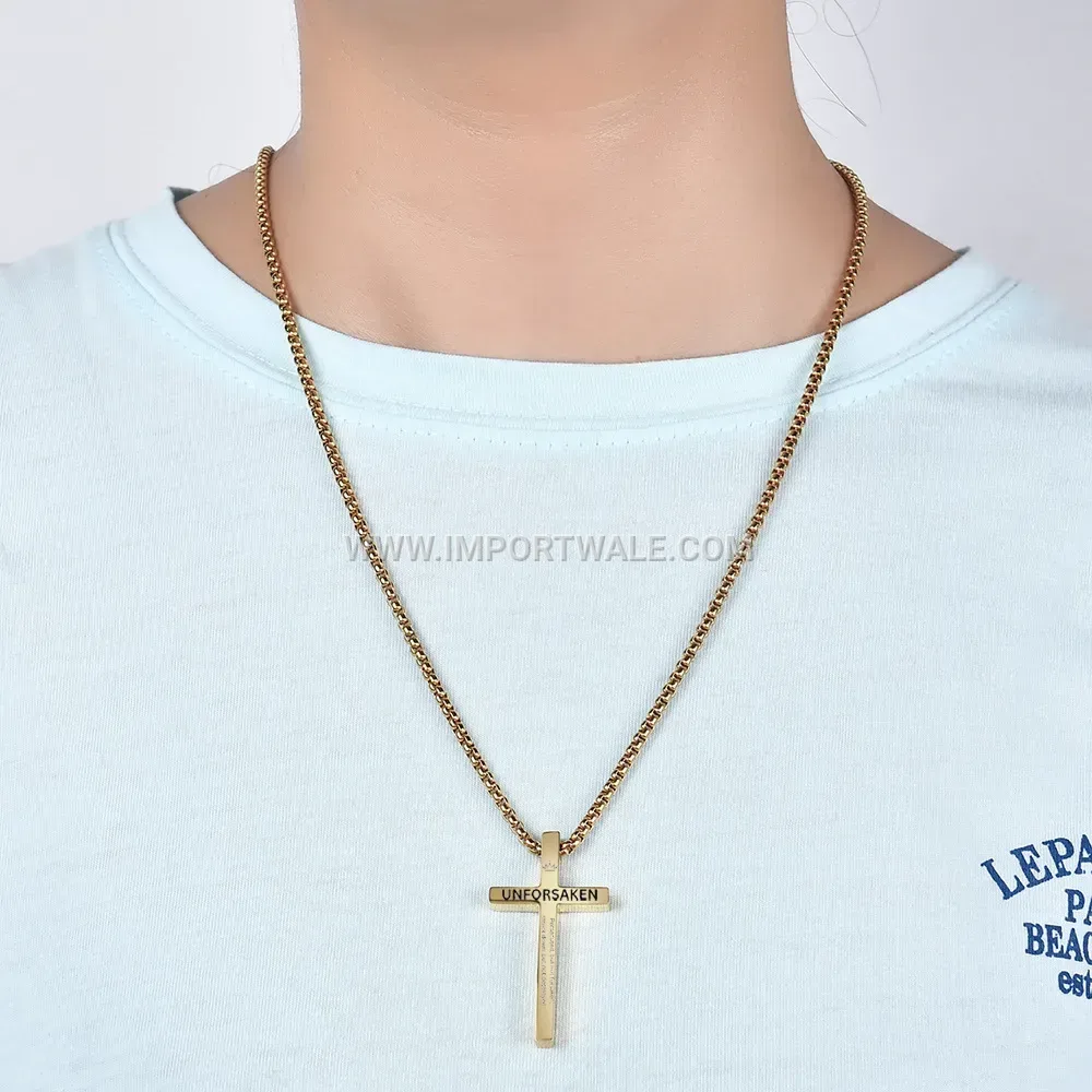 Laser Engraved Stainless Steel Crown Cross Pendant Necklace
