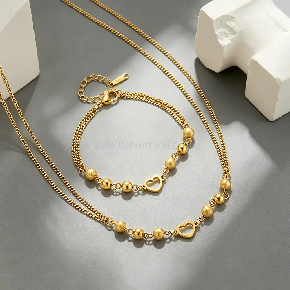 Premium Stainless Steel Hollow Heart Bead Chain Jewelry Set