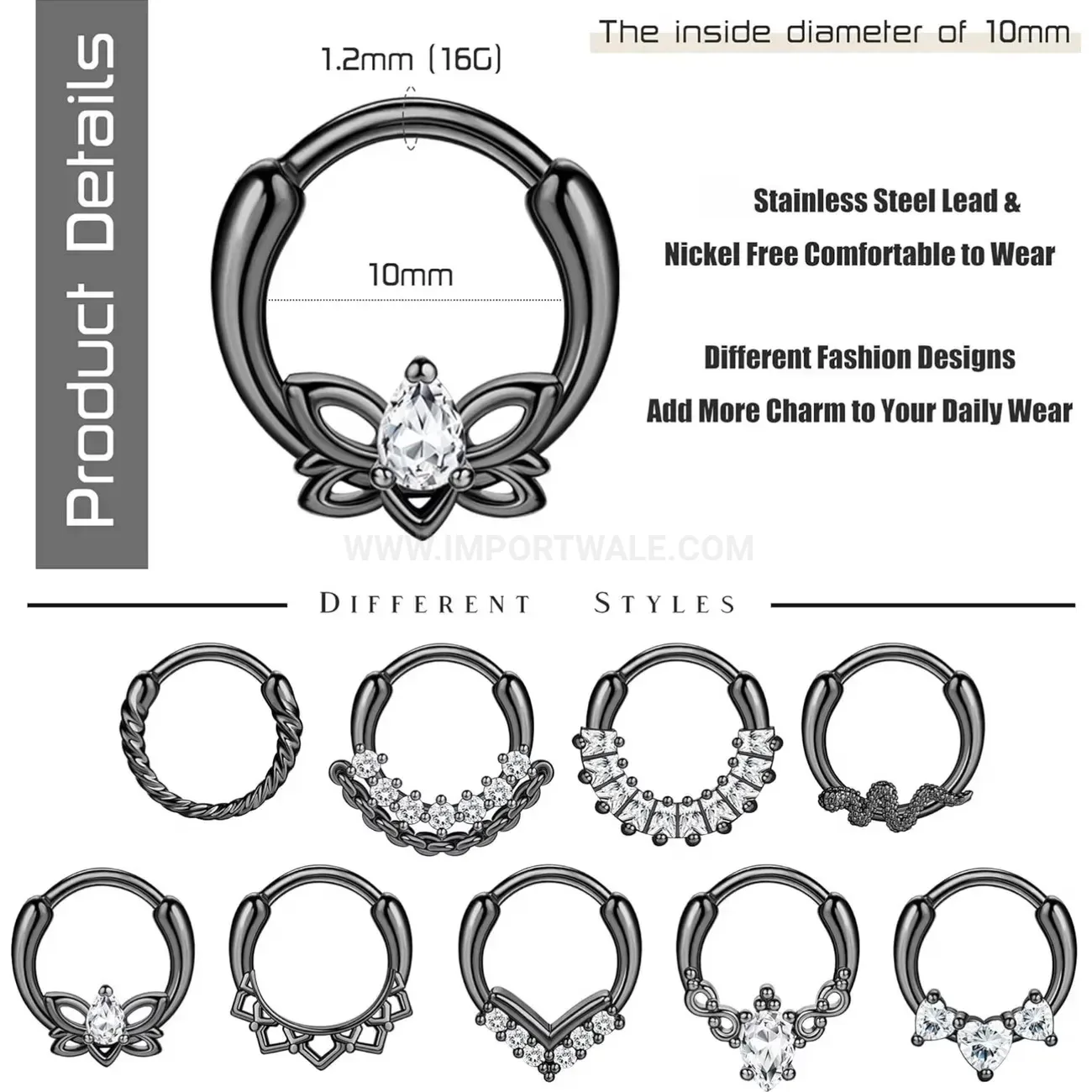 Chic Sparkling Rhinestone Stainless Steel Hinged Body Piercing Ring Set