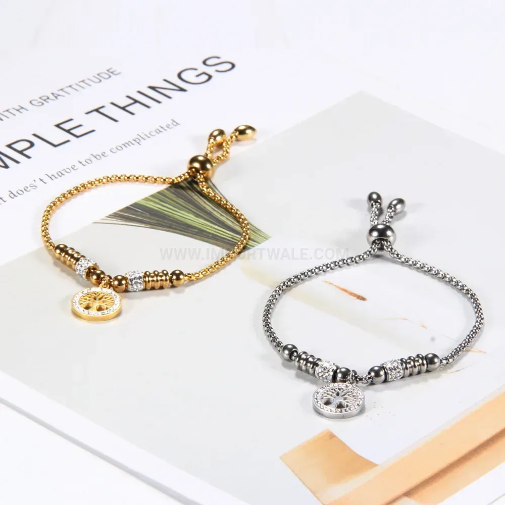 Bold Tree of Life Adjustable Bead Chain Stainless Steel Bracelet