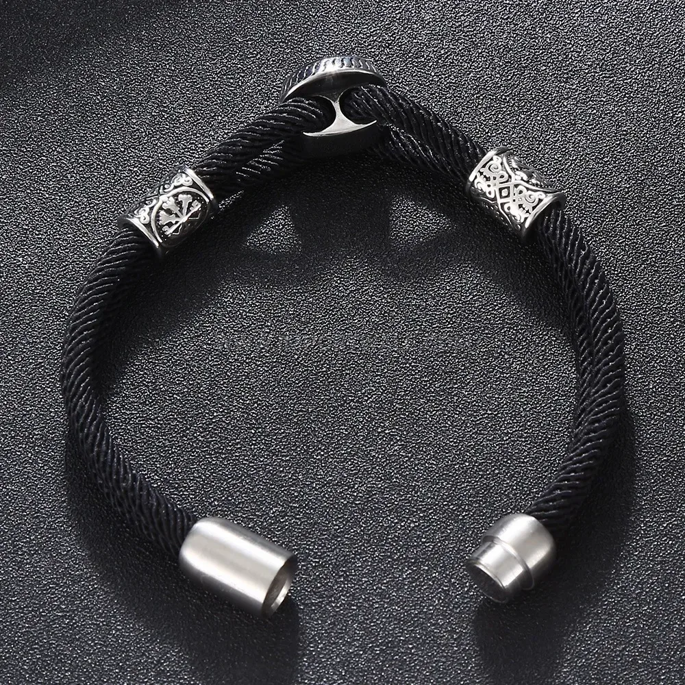 Dual-Strand Woven Leather Stainless Steel Viking Bracelet