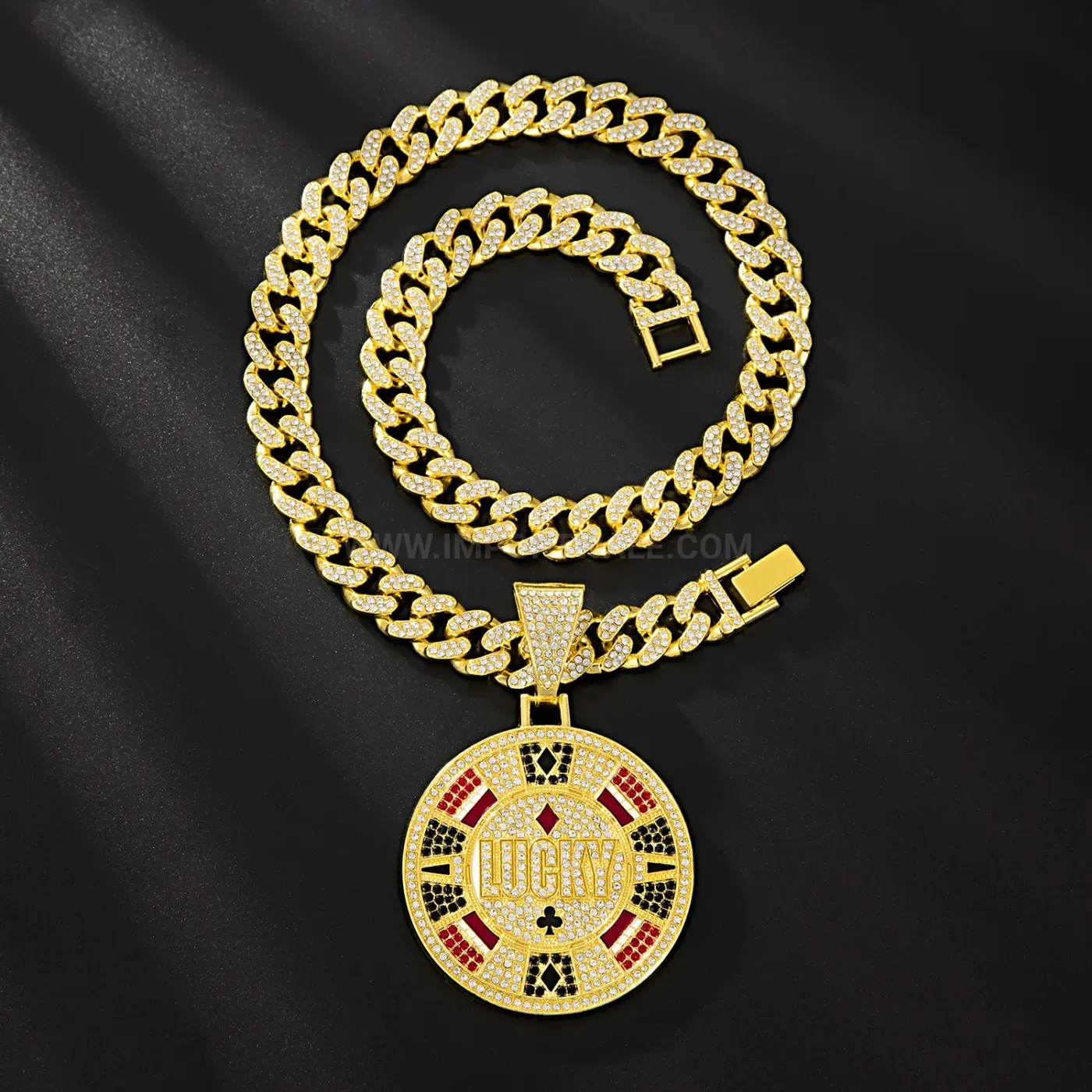 Rhinestone Playing Card Square Pendant with Cuban Chain