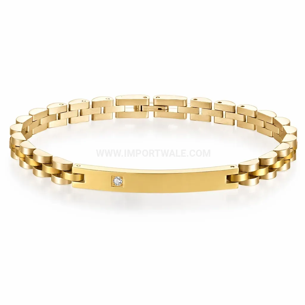 Cubic Zirconia Curved Plate Stainless Steel Strap Bracelet