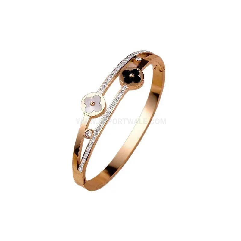 Modern Shell Clover Rhinestone Open Titanium Steel Bangle Bracelet