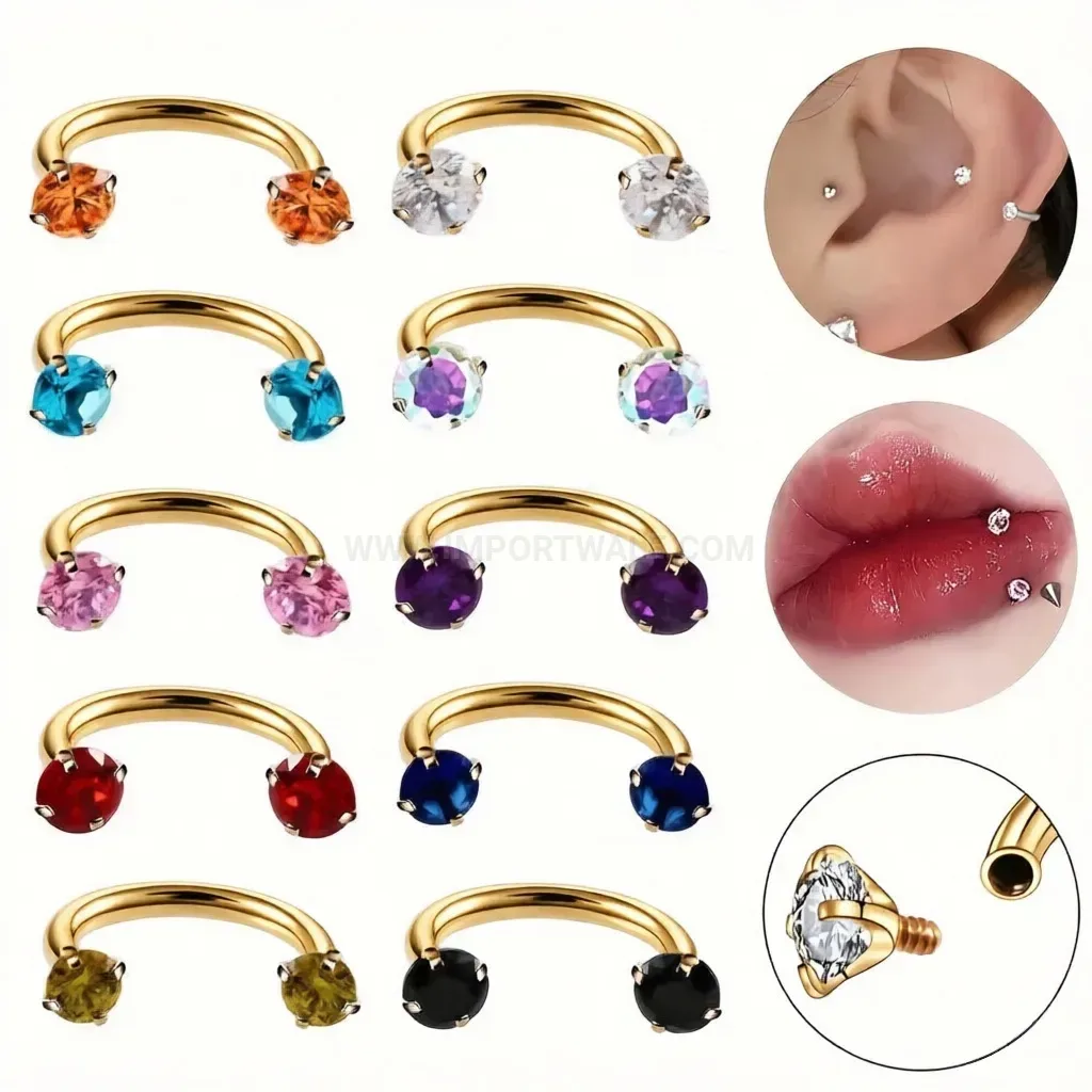 Colorful Zircon Double Studded C Shape Horseshoe Stainless Steel Piercing Ring
