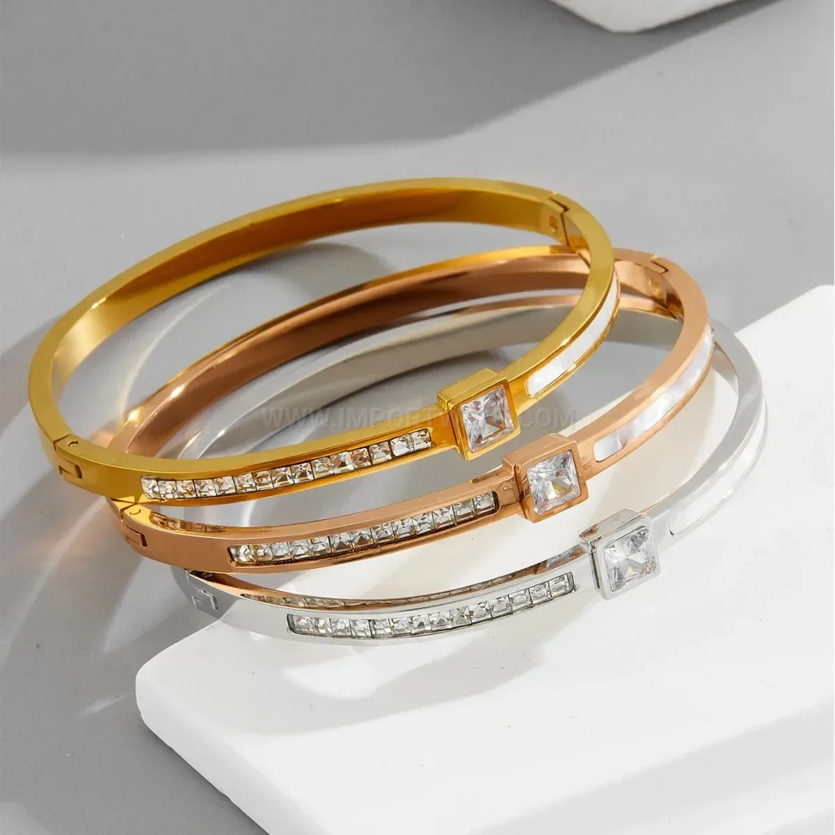 Square Crystal Accent Plated Titanium Steel Bangle