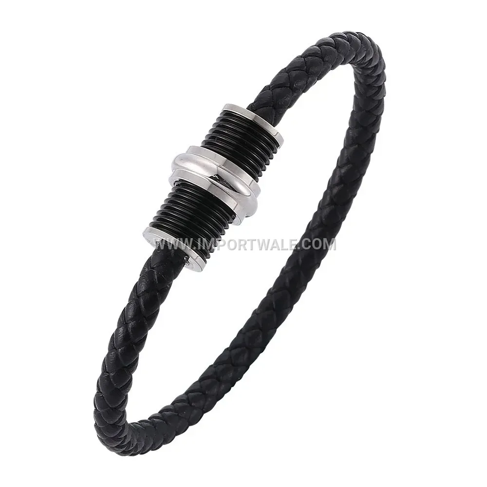 Single Strand Black Leather Cuff with Twist Magnetic Lock