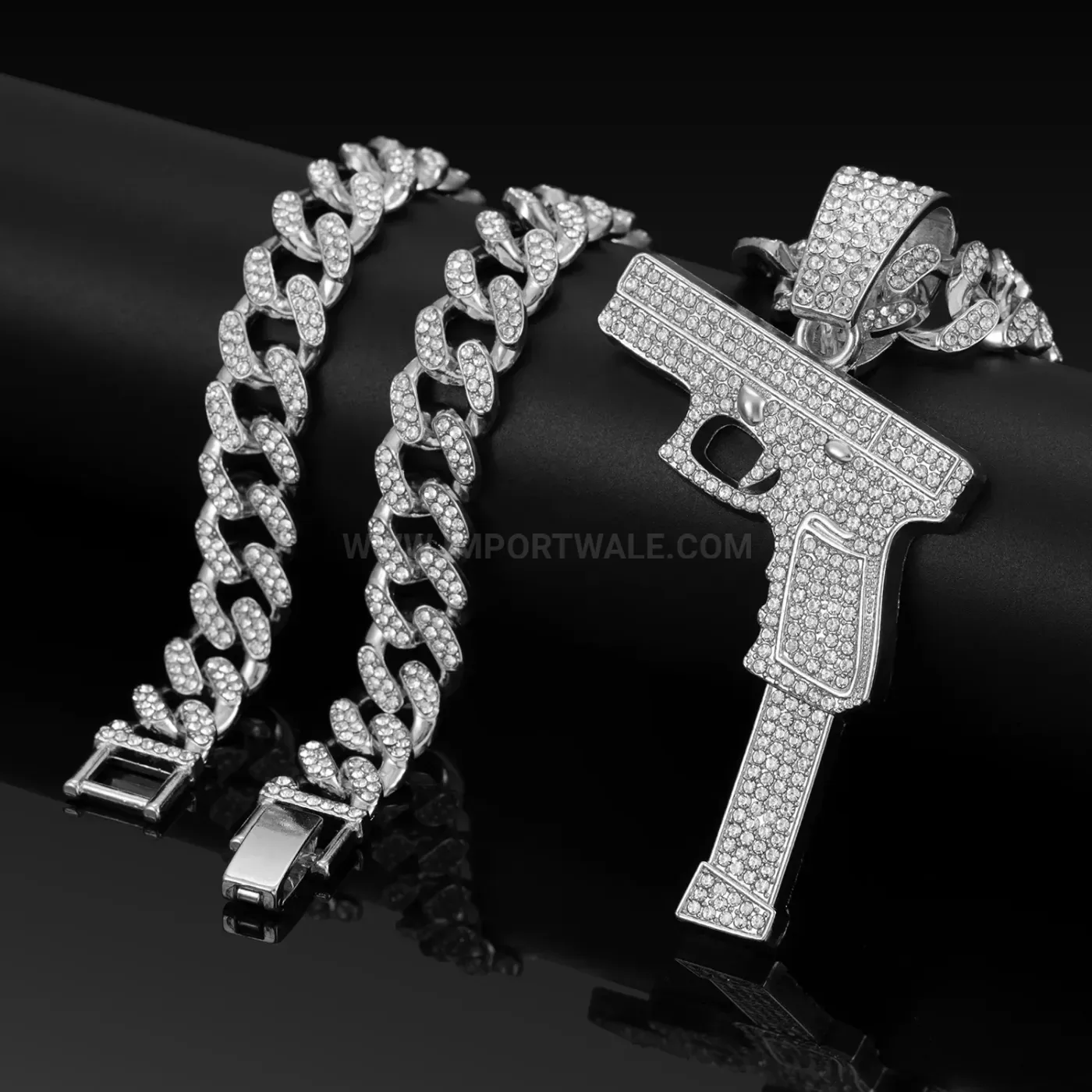 Rhinestone Pistol Motif Pendant Cuban Chain Necklace