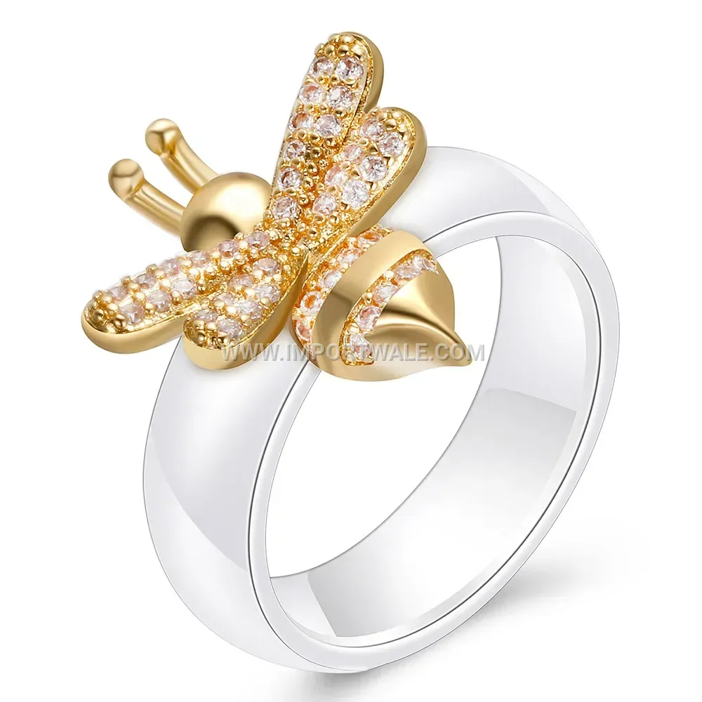 Bee Motif Micro-Pave Zirconia Polished Ceramic Band Ring