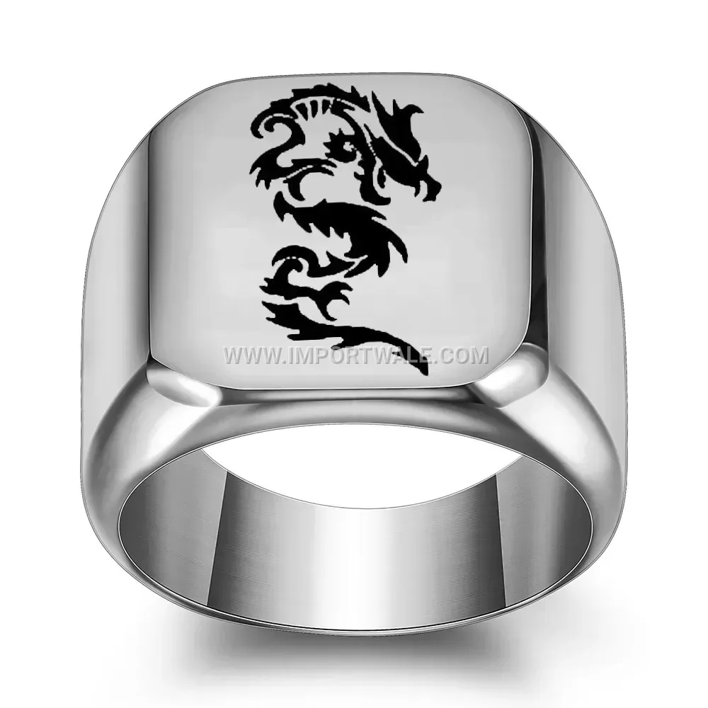 Engraved Dragon Stainless Steel Square Signet Ring