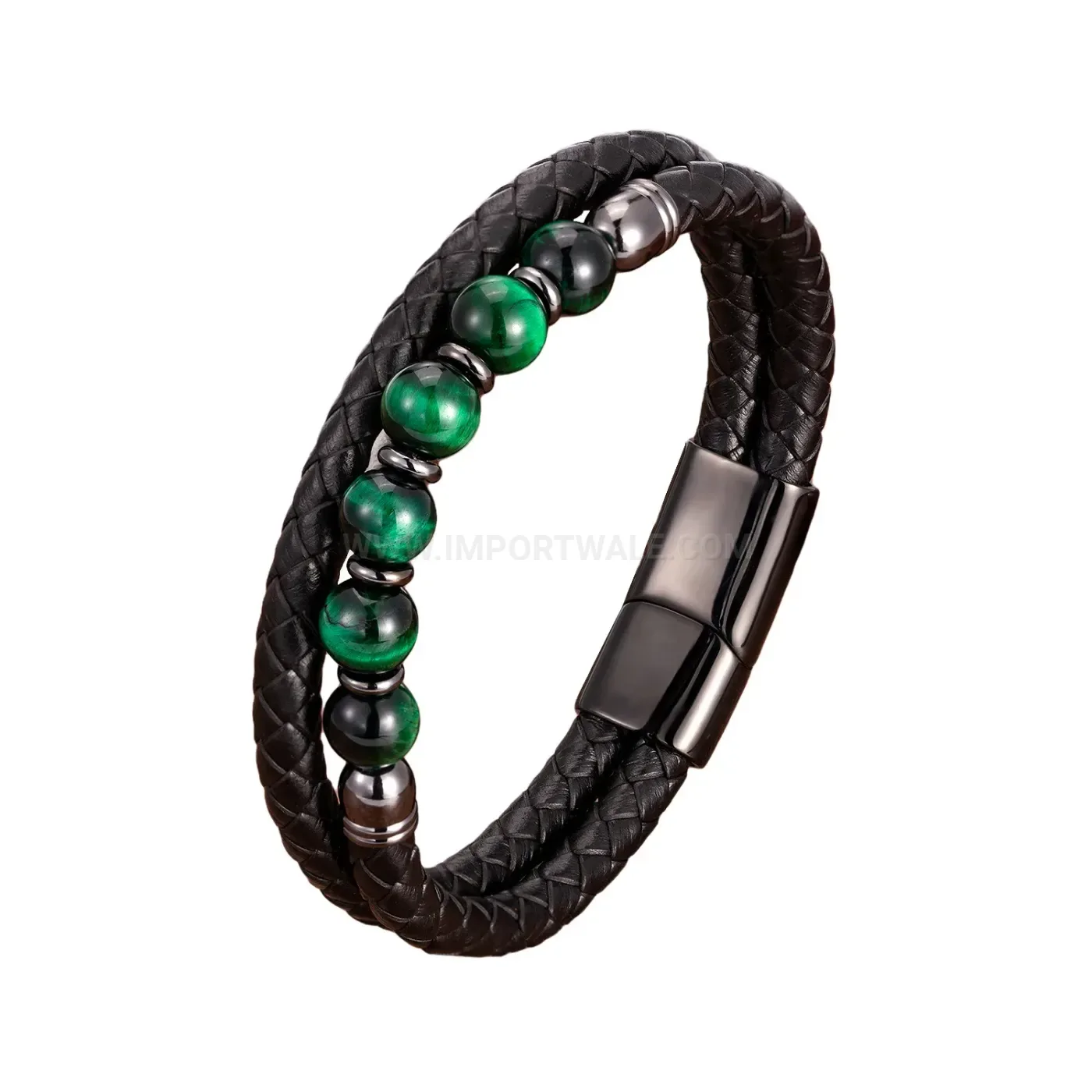 Tiger Eye Natural Stone Bead Leather Cord Bracelet Magnetic Stainless Clasp