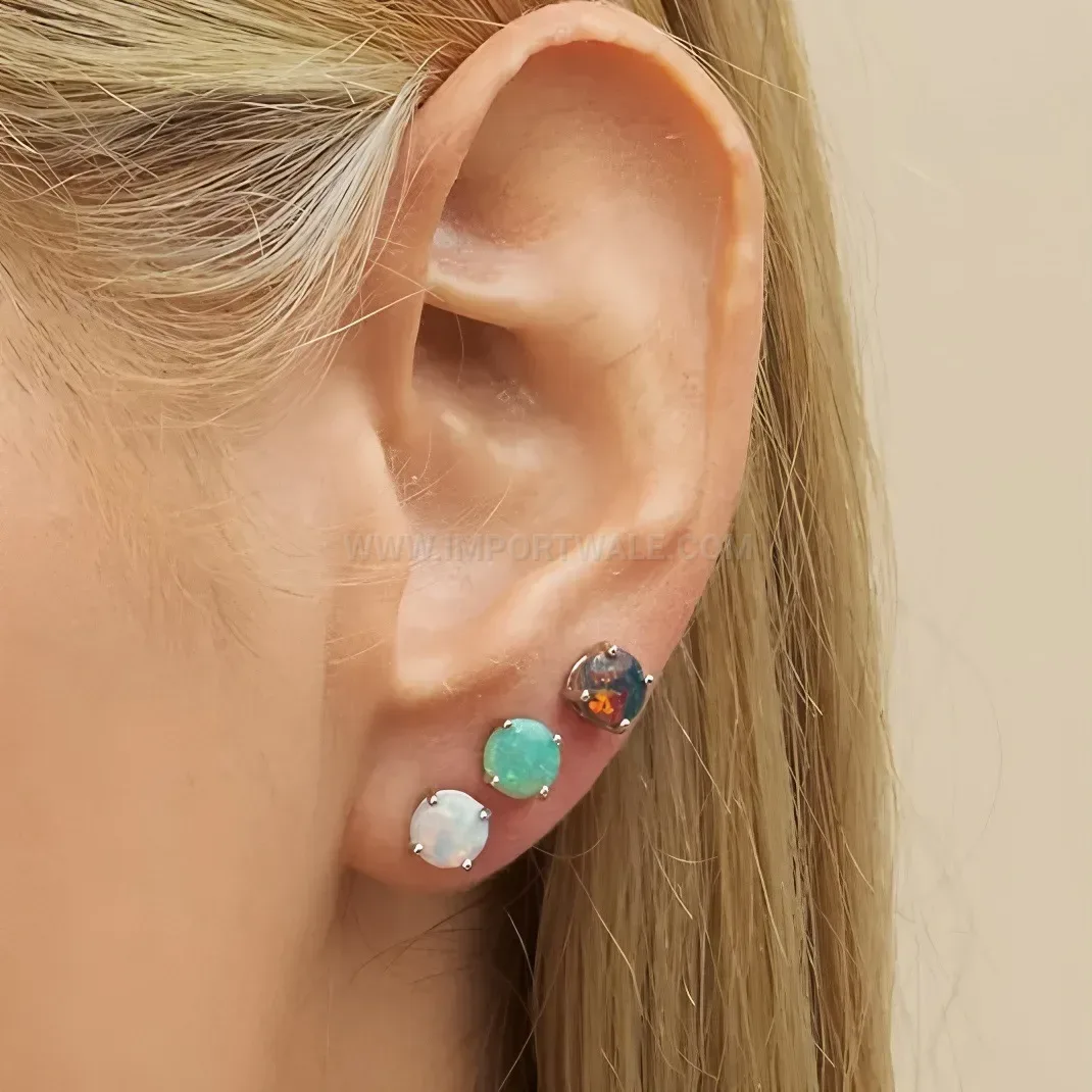 Designer Four Prong Stainless Steel Opal Cartilage Piercing Stud Set