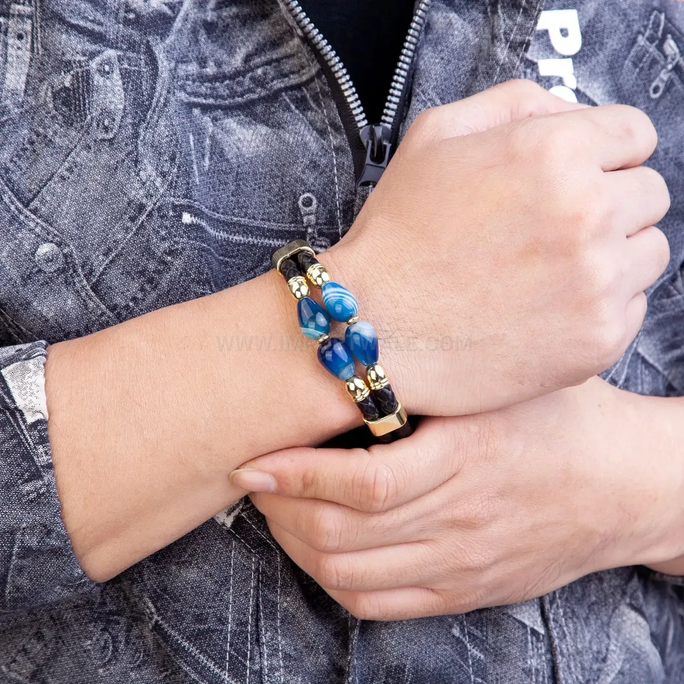 Braided Leather Stone Bracelet with Stainless Steel Clasp