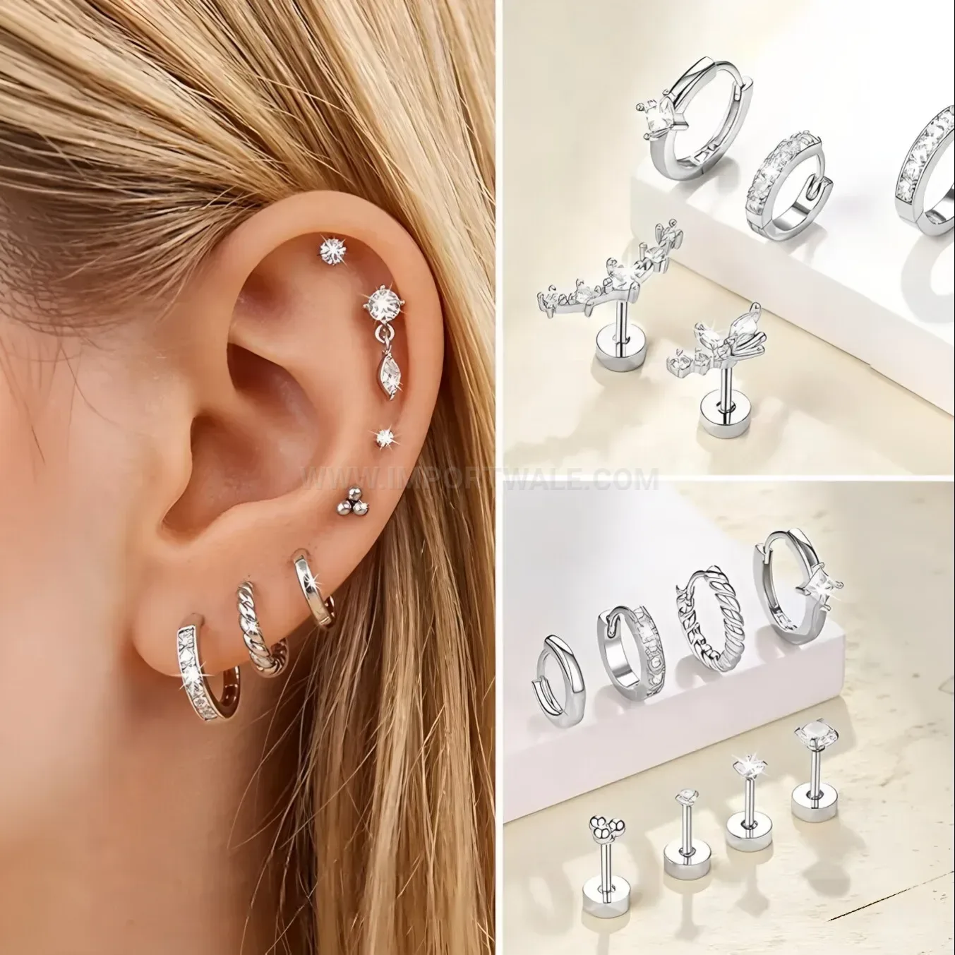 Classic Titanium Steel Zircon Cartilage Piercing Stud Earrings Set