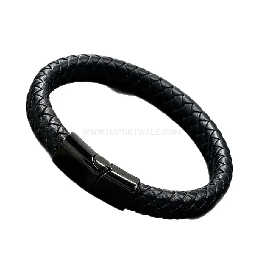 Trendy Braided Leather Stainless Steel Magnetic Clasp Wristband