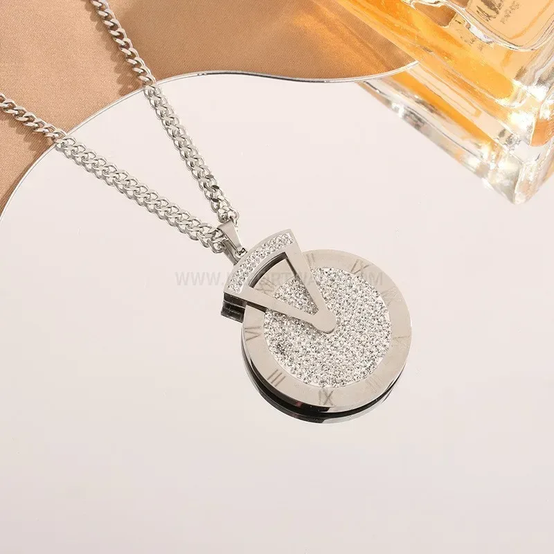 Stylish Spinning Roman Numeral Rhinestone Pendant Titanium Steel Necklace