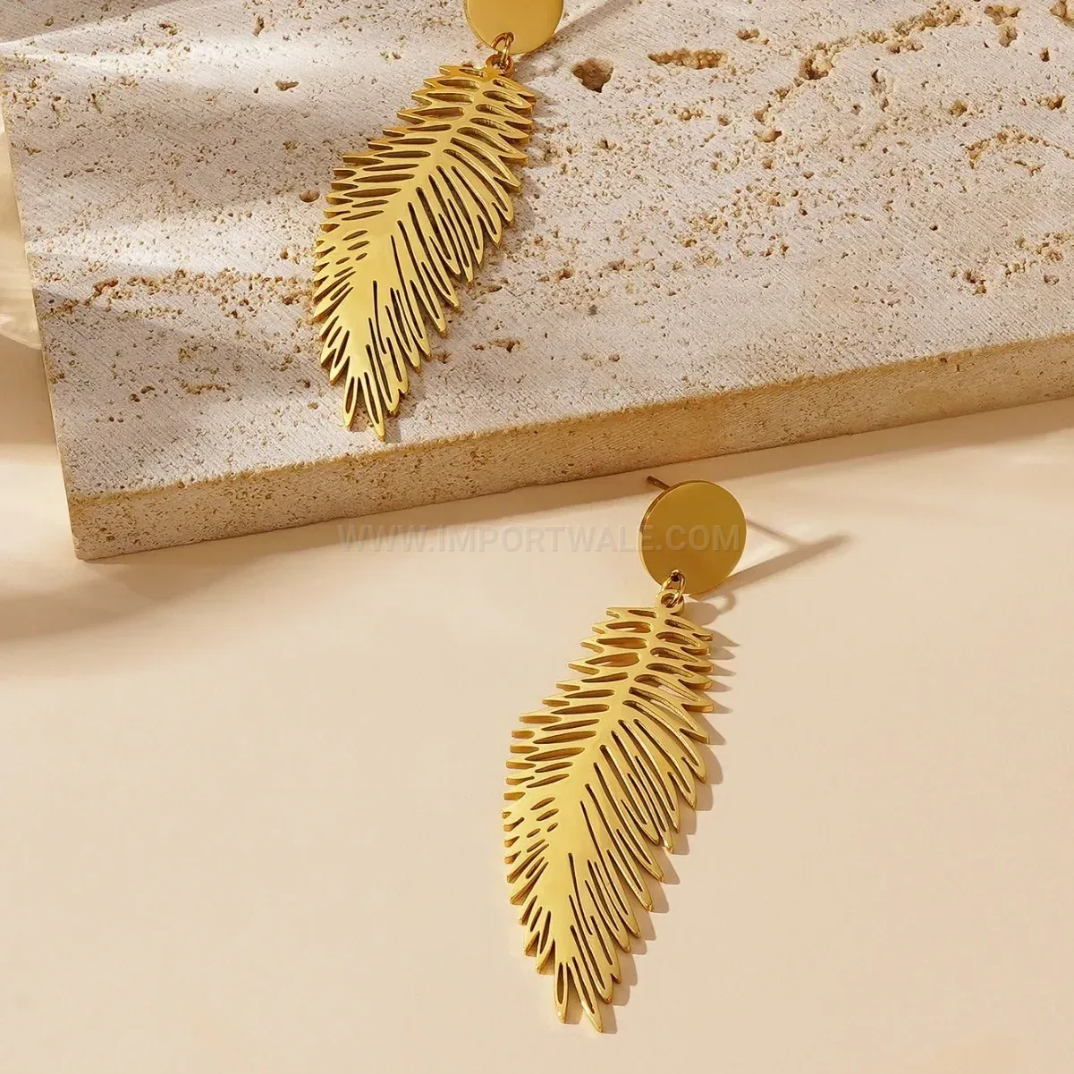 Gold Plated Titanium Steel Statement Feather Drop Earrings