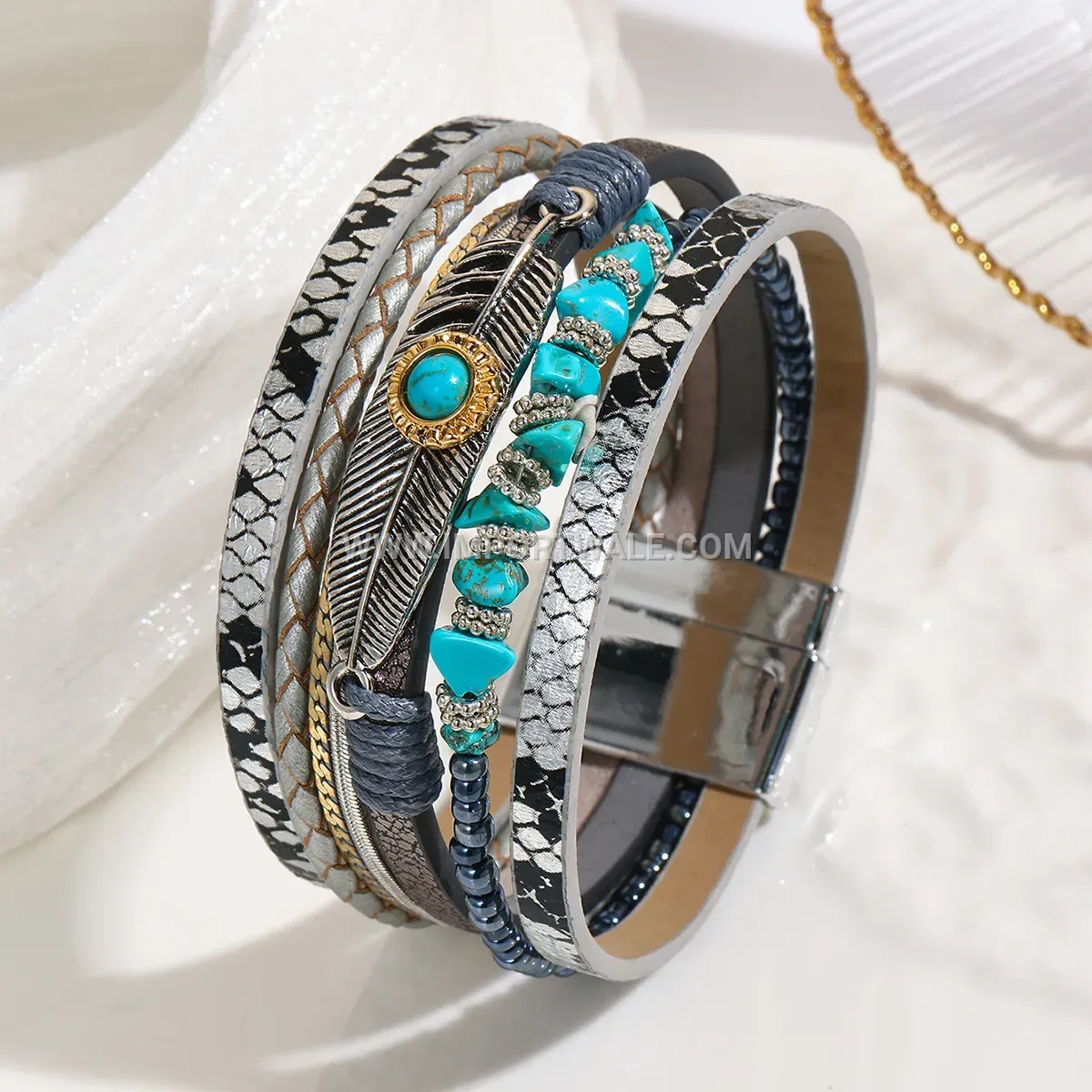 Bohemian Leather Feather Bracelet with Turquoise Accents