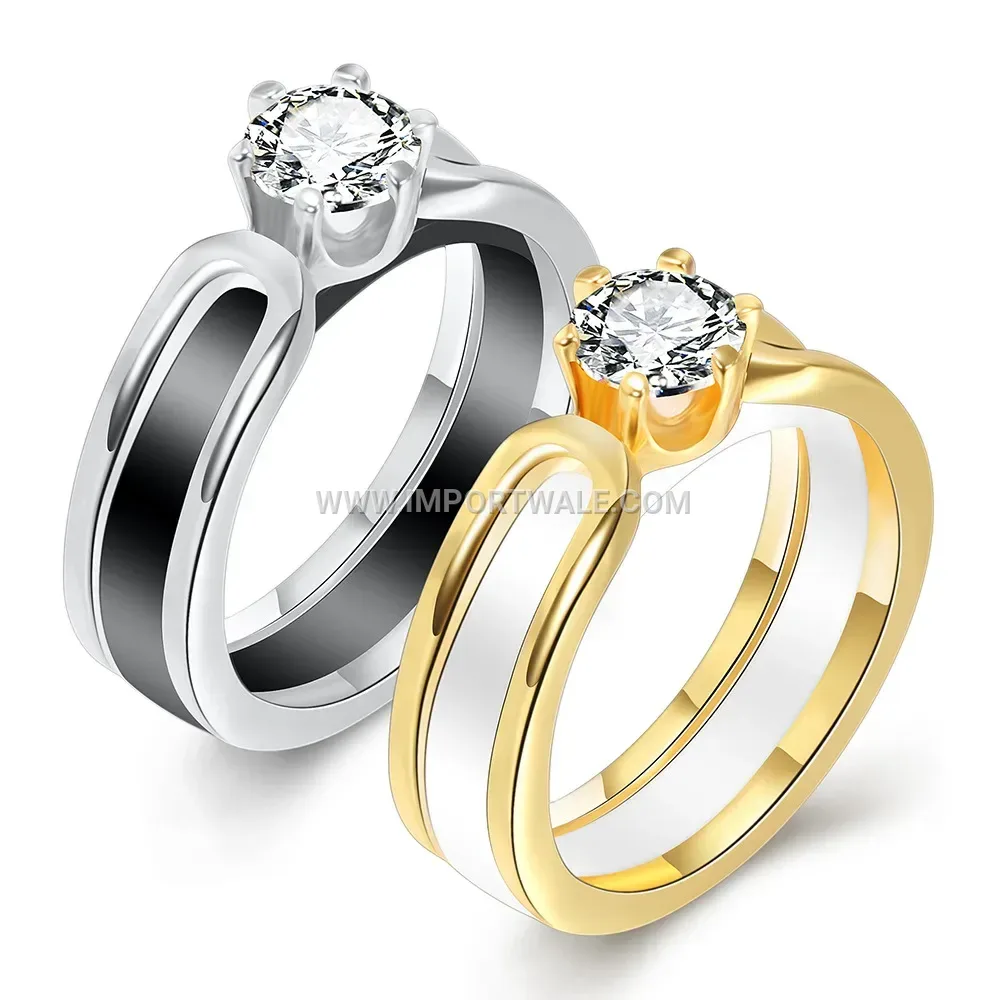 Zircon Inlaid Ceramic Couple Band Ring