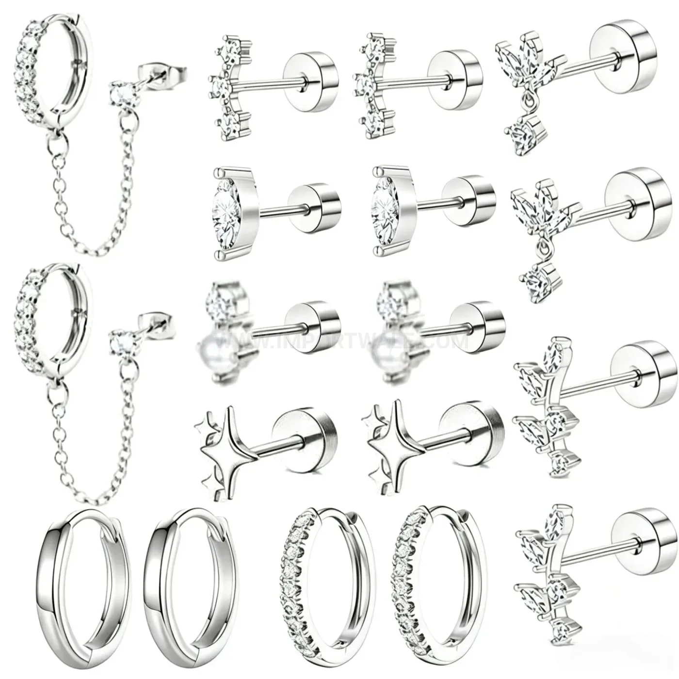 Premium Luxurious Cubic Zirconia and Stainless Steel Chain Cartilage Stud Set