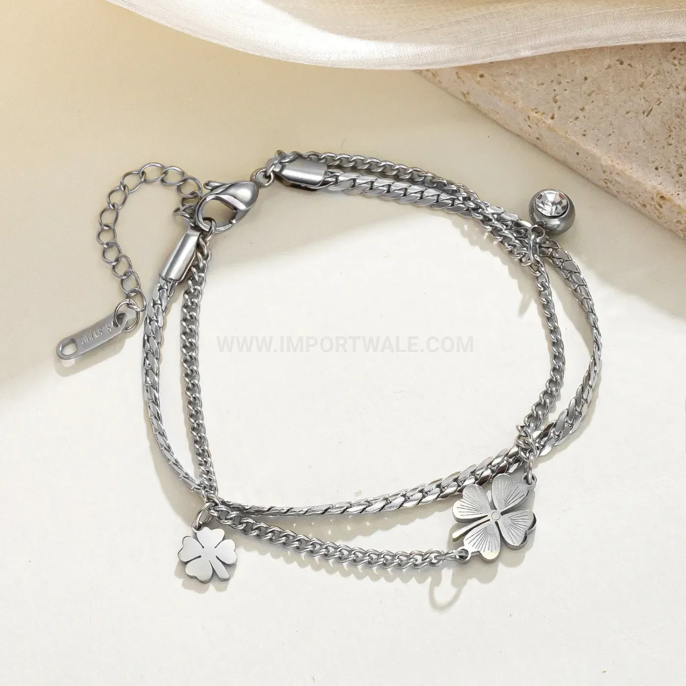 Double Layer Stainless Steel Four Leaf Clover Bracelet